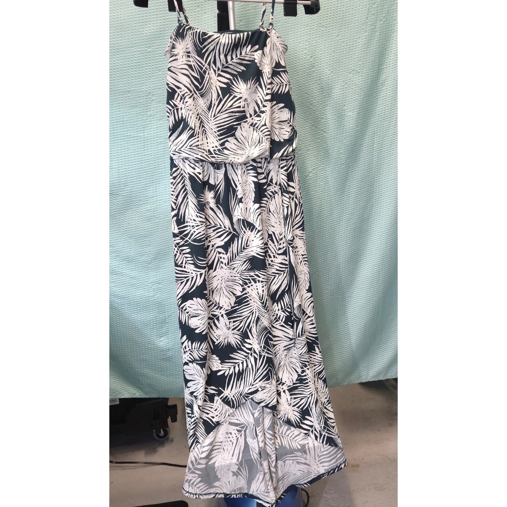 Maurices Maxi Dress Womens M Teal White Palm Tropical High Low Boho Coastal